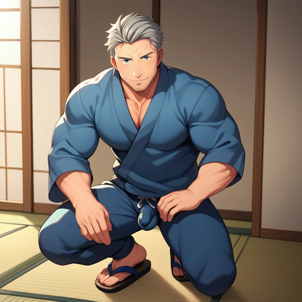 maimoto， solo，1boy，1male，rugged face male，droopy eyes，glay eyes，Small eyeballs，mature male，manly，muscular，gray hair，short suit hair，designer stubble，blue japanese clothing with long sleeves (samue)，long blue pants，clothing and pants have same color，japanese sandals(zori)，in the traditional japanese-style tatami rooms，arge_pectorals，Huge_Arms