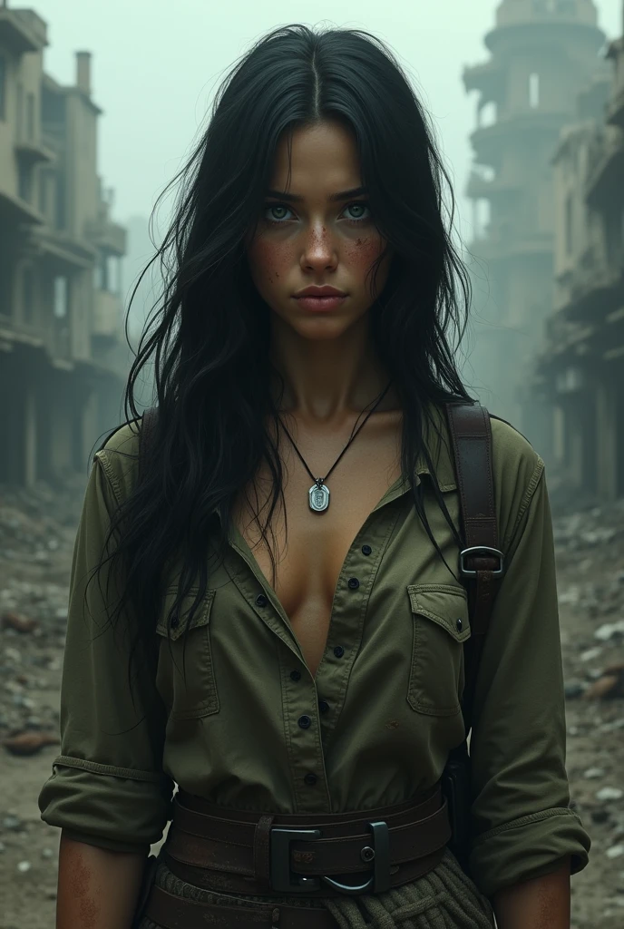 create the image of a young woman with long dark hair and dirty clothes with a military dog tag around her neck