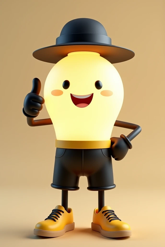 make me a 3D lamp as a mascot for a lighting store, I want a lamp with arms giving thumbs up and legs and wearing black shorts, with yellow shoes and the lamp has to have a cute smiling face, with hat, I want the most realistic lamp, I want a hat with just one brim and I want black gloves and for her hip to be the mouth of a lamp.
