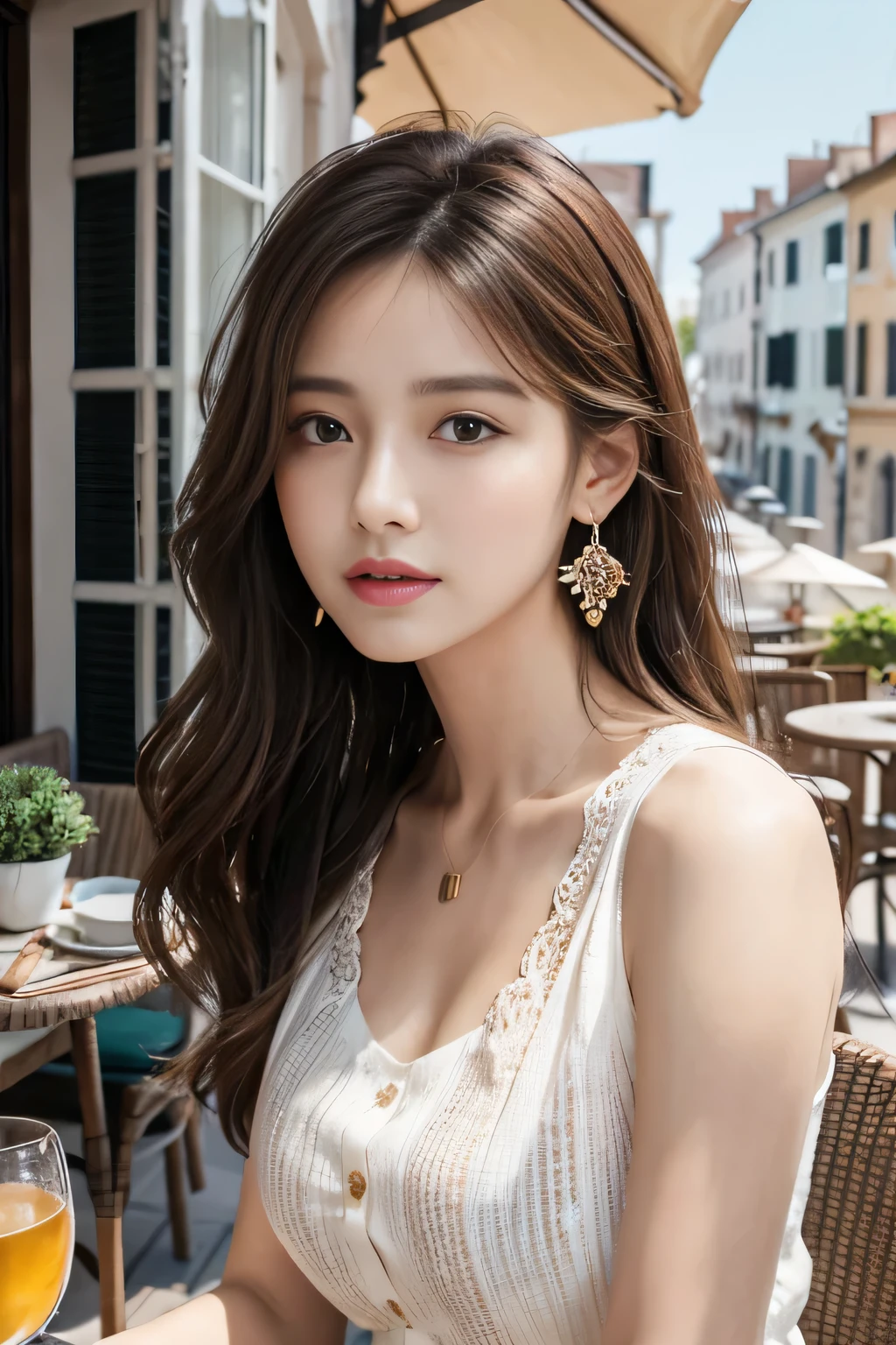 masterpiece, Highest quality, Realistic, Very detailed, Finer details, High resolution, 8k wallpaper, One beautiful woman,Wear a nice blouse, On the terrace of a lovely cafe, at noon, Light brown messy hair, Perfect dynamic composition, Beautiful and beautiful eyes、Big earrings、Sleeveless shirt、