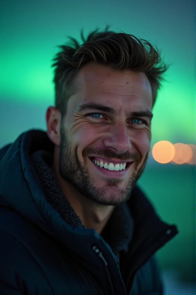 a tall and strong man, with tanned skin, a beautiful smile, fleshy lips, dark blue eyes with bright specks. With the Northern Lights in the background