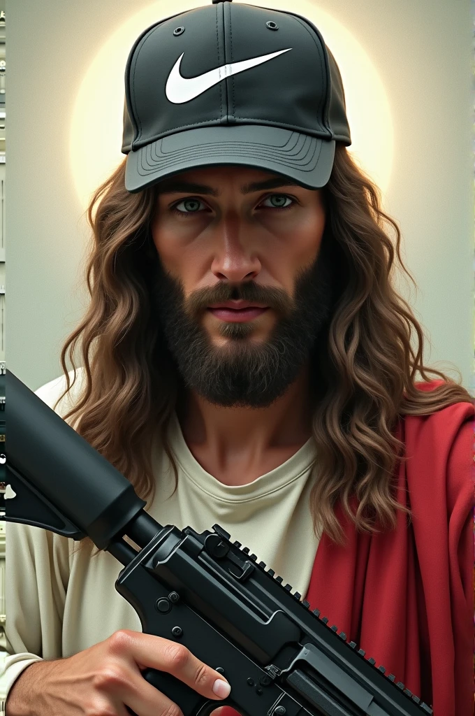 Jesus with a Nike cap with an uzi showing off his fish-eye look