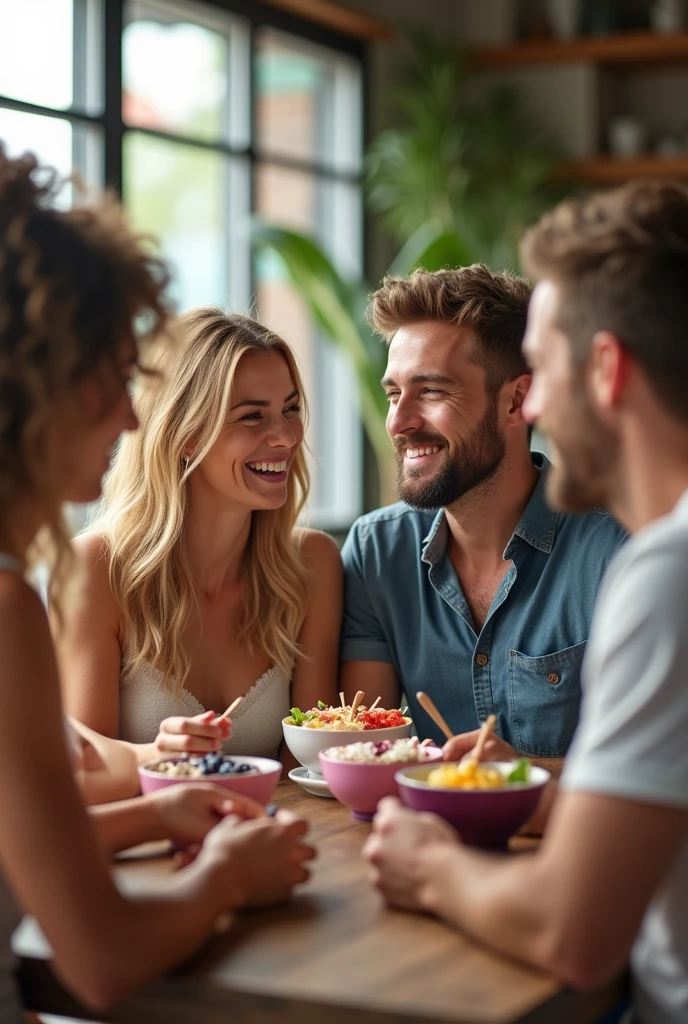 Realistic man and wife , At the acai shop ,blonde hair eating acai , with friends Ultra HD, high qualiy, best qualityer, high resolution, 8k, 16K
