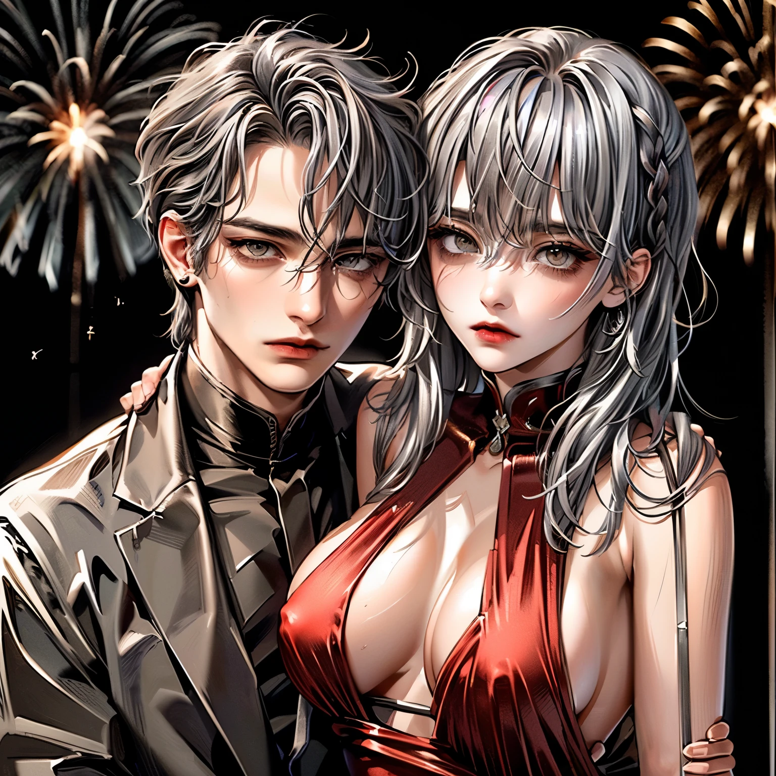 (masterpiece), (5K), (best quality), 2d Couple, ((a young gray hair couple)), ((a gray hair woman ,  sharp eyes, slit_ pupils, pale eyes, small , red dress)), brown eyes, ultra well detailed eyes, ((a gray hair guy, white royal clothes)), holding fireworks