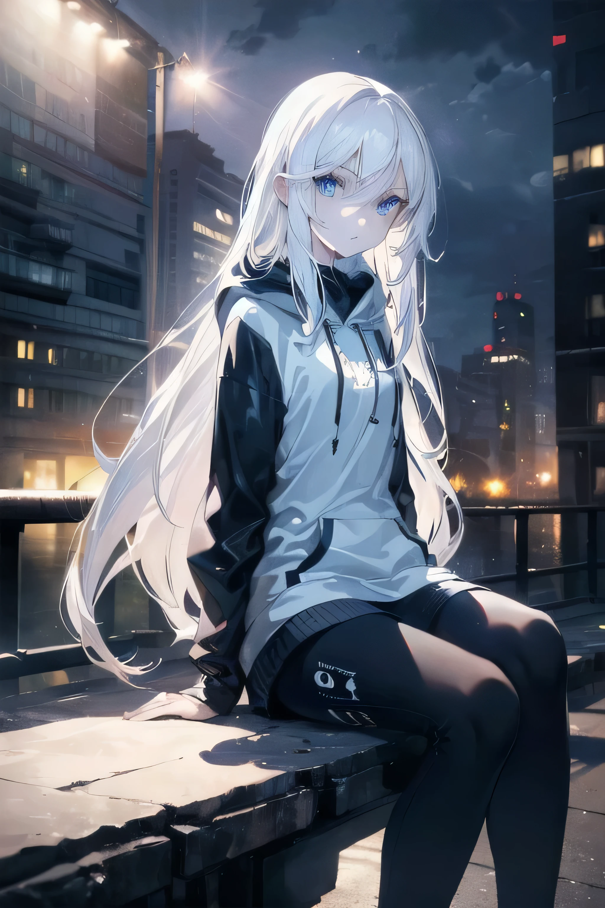 ((masterpiece)), ((best quality)), ((best illustration)), ((ultra-detailed)),((photorealistic color)), 1 lady, solo, teenager, absurdly long hair, white hair, straight hair, ((blue eyes)), ((ultra detailed eyes)), ((ultra detailed face)), gloomy, hoodie, thin body, thin arms, long arms, urban, night, sitting on motorcycle, backlight