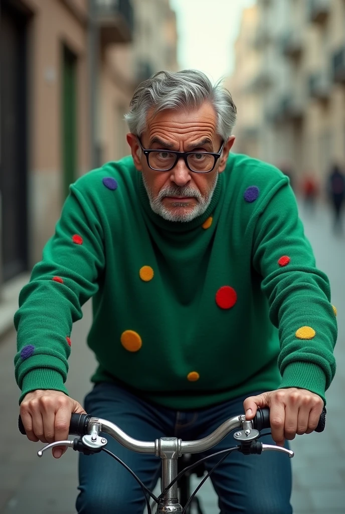 a man with glasses and a green sweater with colorful spots riding a bike, after discovering the betrayal of the old woman who eats pudding, He is crying and is depressed.