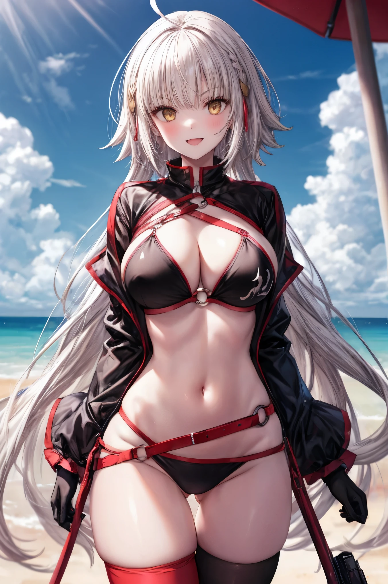 masterpiece, best quality, 1girl, , silver hair, ahoge, gold eyes, shaggy_long_hair,, gigantic_breasts, , blue sky_beach_landscape,covered_groin,covered_nipples,solo,young_,,open_legs,,crotch_armor,cowboy_shot,crotch, asymmetrical legwear, long hair, bikini, black bikini, black gloves, gloves, long sleeves, navel, o-ring, o-ring bikini, o-ring bottom, o-ring top, puffy long sleeves, puffy sleeves, red legwear, single thighhigh, swimsuit, thigh strap, thighhighs, uneven legwear,smile,nihil,open_mouth,angry,glare,dynamic_standing,jeanne D'arc alter,