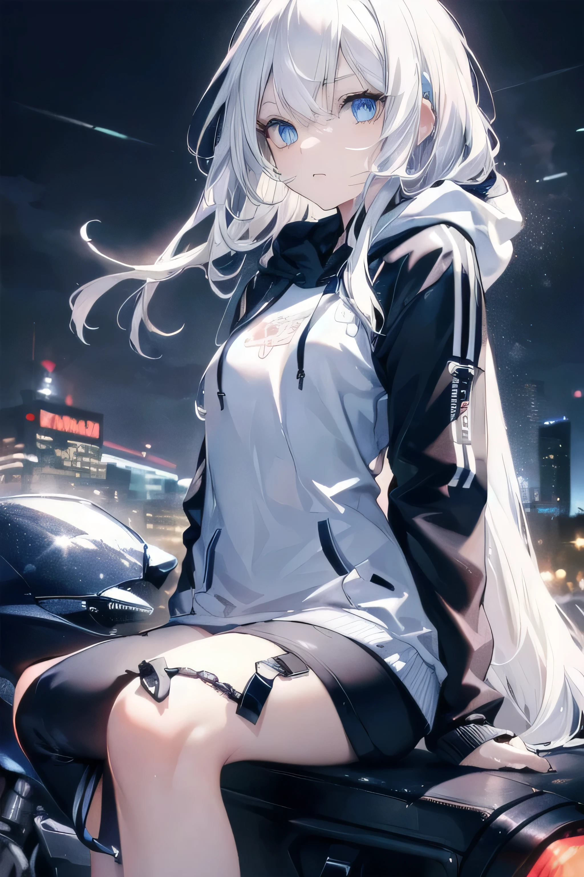 ((masterpiece)), ((best quality)), ((best illustration)), ((ultra-detailed)),((photorealistic color)), 1 lady, solo, ager, absurdly long hair, white hair, straight hair, ((blue eyes)), ((ultra detailed eyes)), ((ultra detailed face)), gloomy, hoodie, thin body, thin arms, long arms, urban, night, sitting on motorcycle, backlight
