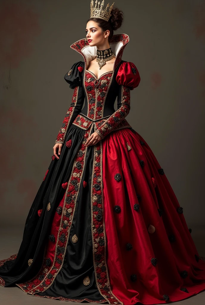 I want you to create a sketch of a dress inspired by the Queen of Hearts, with a style that mixes medieval and princess elements, suitable for a gala event. The dress will have details that refer to the theme of Alice in Wonderland, with colors characteristic of the Queen of Hearts, like red, black, white and gold and details that are simple but striking