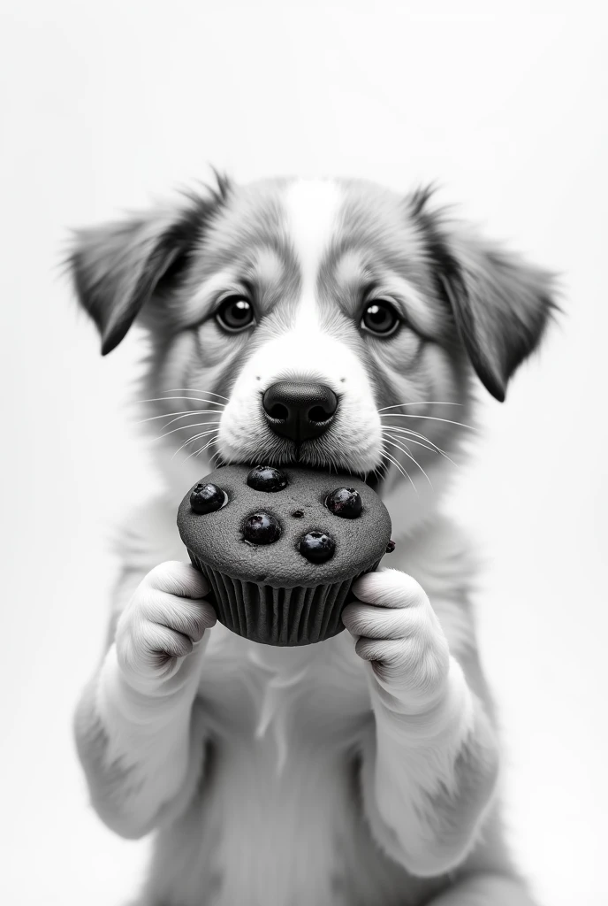 Face of a puppy eating a blueberry muffin in black and white, a simple logo, simple and small
