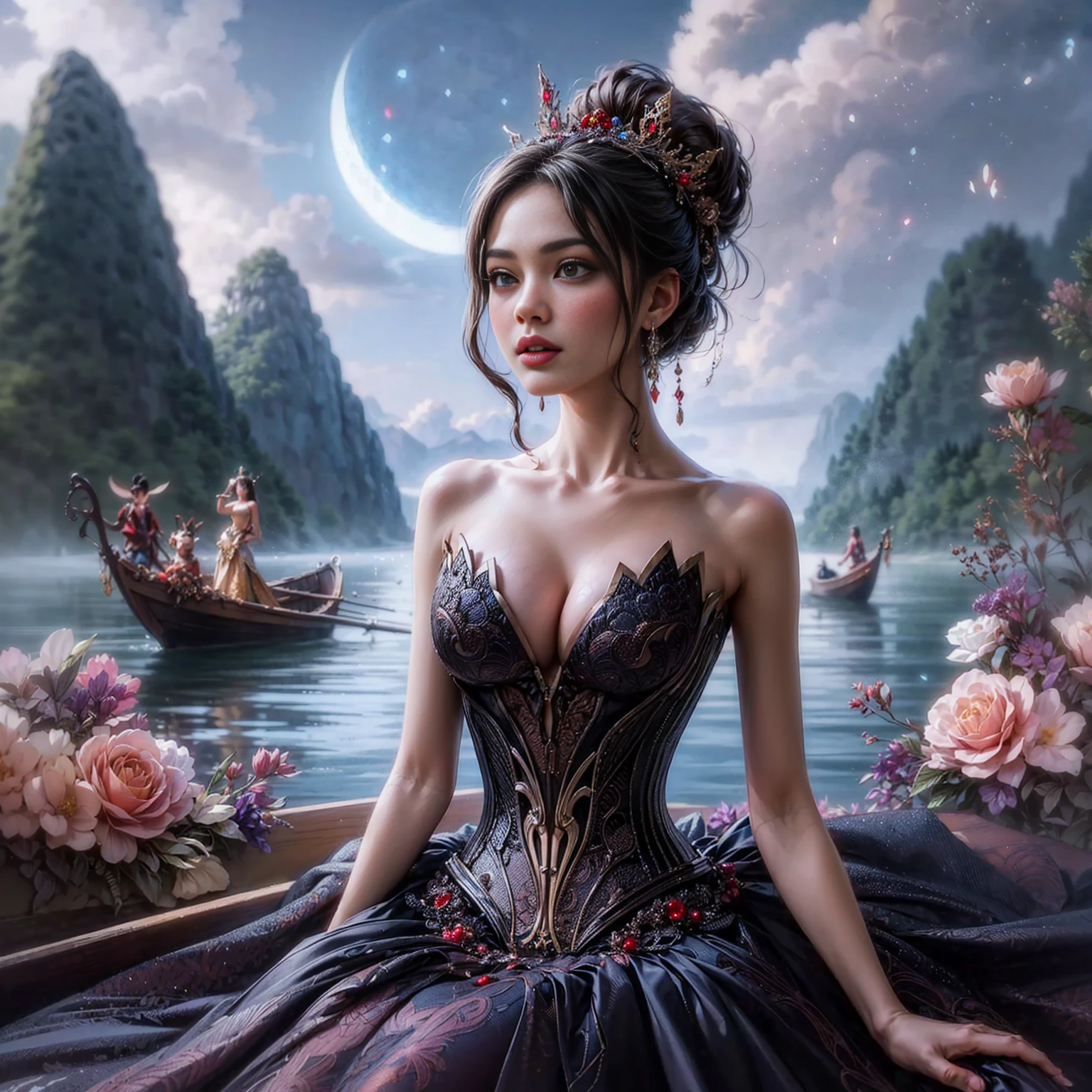 (Extreme HDR) (brightness FX) Photo of an asian woman gigantic Breast 'white skin' with long hair flowing in the wind, wearing a black batik patterned costume, a V-cut strapless corset style batik dress made of carbon patterned satin, a very narrow and stiff V-cut waist decorated with blue jewels, a luxurious long skirt, looks beautiful and stunning, very realistic and detailed, with a royal palace in the background, sitting on a boat, behind it is a blue moon. hyper realistic, hyper detail clothing, Detailed gemstones, masterpiece, best quality:1.2),,(8k,highres,RAW photo,realistic,photo-realistic:1.3),(detailed skin texture,detailed cloth texture, beautiful detailed face:1.25),professional lighting,photon mapping,beautiful soft light,radiosity,physically-based rendering,raytracing, model shoot style, model shoot style, (extremely detailed CG unity 8k wallpaper), full shot body photo of the most beautiful artwork in the world (NSFW), (Nude), (Naked), (carbon fiber corset) (green veiny breast) (steampunk corset) (glowing dress) (blue moon) (cloud)