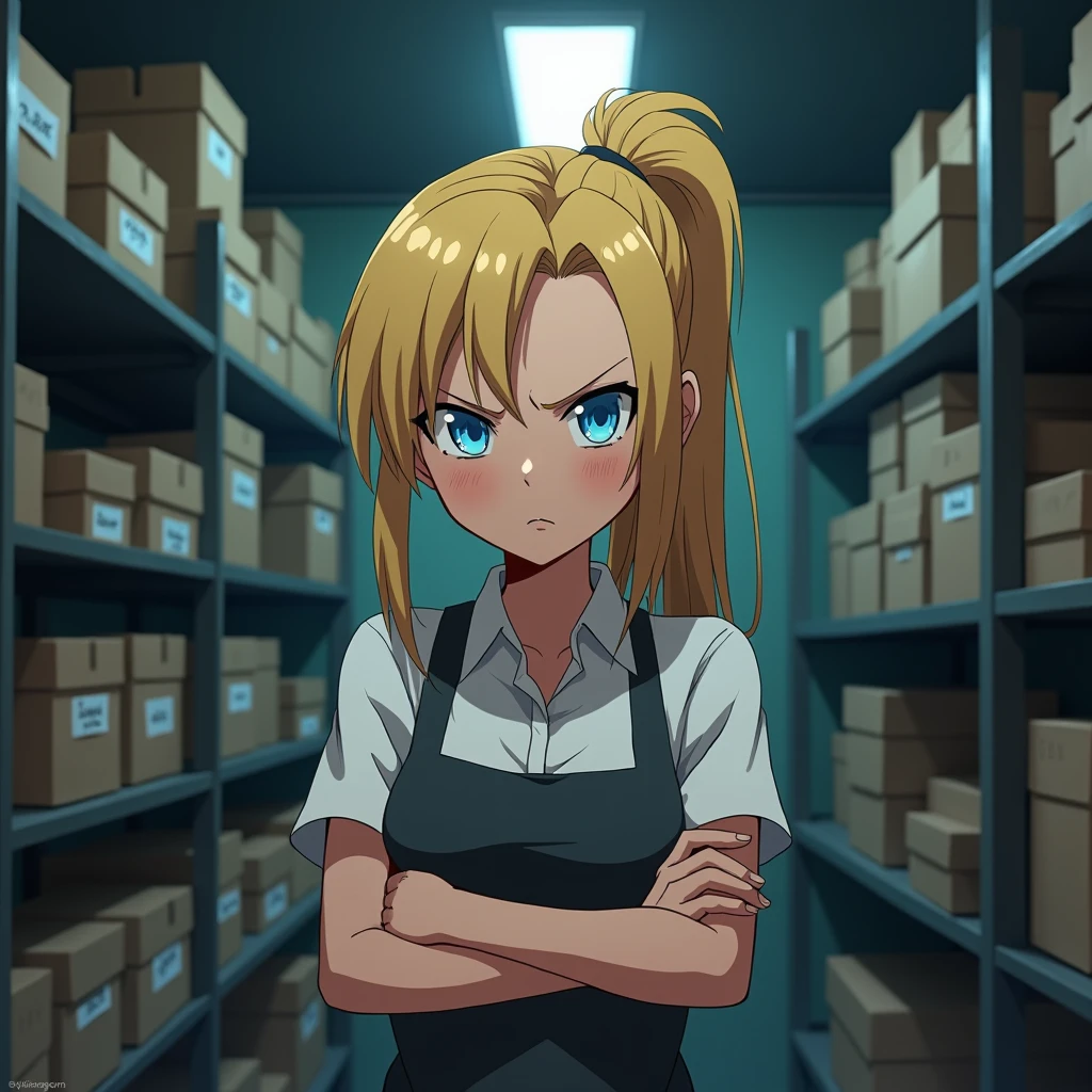 Girl, Fast Food Worker, Blonde, Diamond Blue Eyes, crossed arms, annoyed, alone in storage room, anime