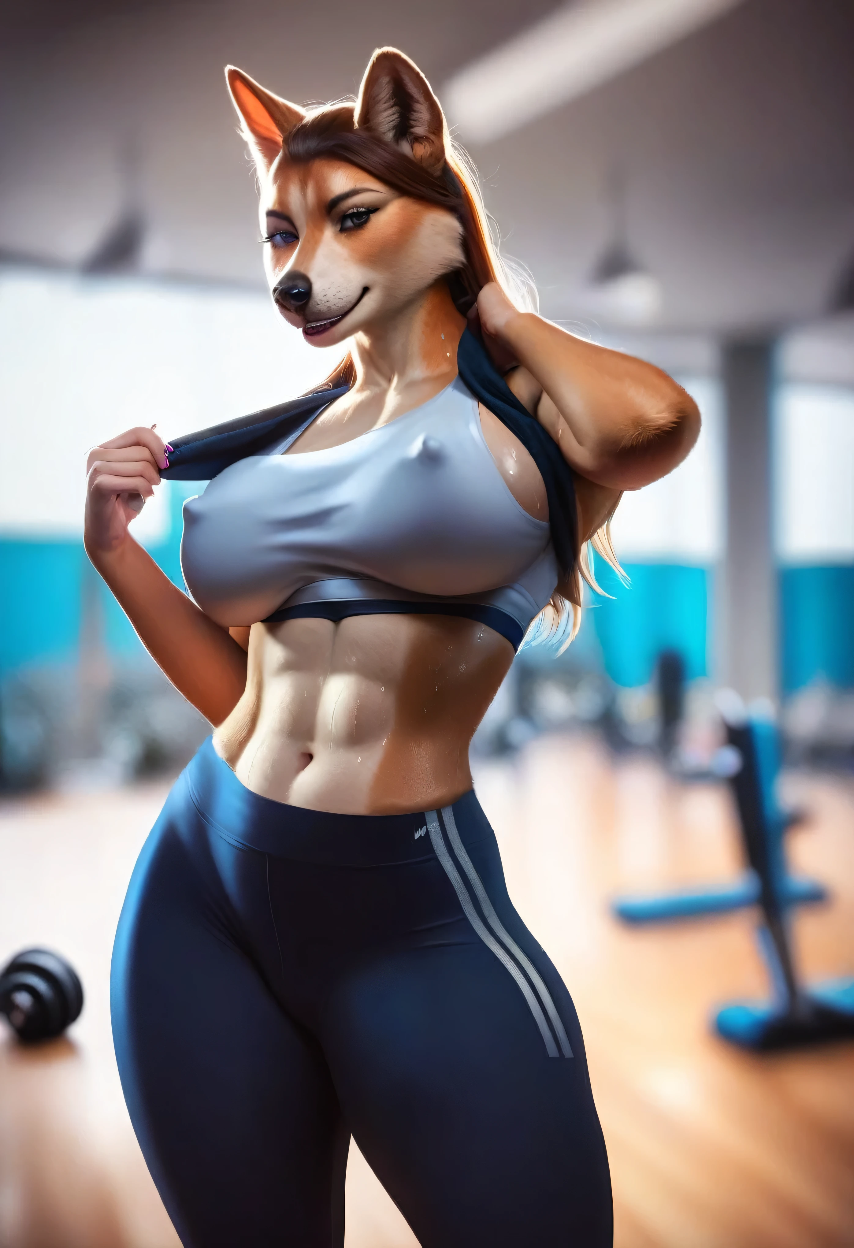 score_9, score_8_up, score_7_up, score_6_up, score_5_up, score_4_up, source_furry, realistic, photorealistic, e621, mature female anthro husky dog, MILF, posing in a gym, looking at viewer, seductive, beautiful detailed eyes, (wearing a sports bra and yoga pants), nipple outline, detailed fur, voluptuous, hourglass figure, large breasts, sweating, thick thighs, cinematic lighting, professional lighting