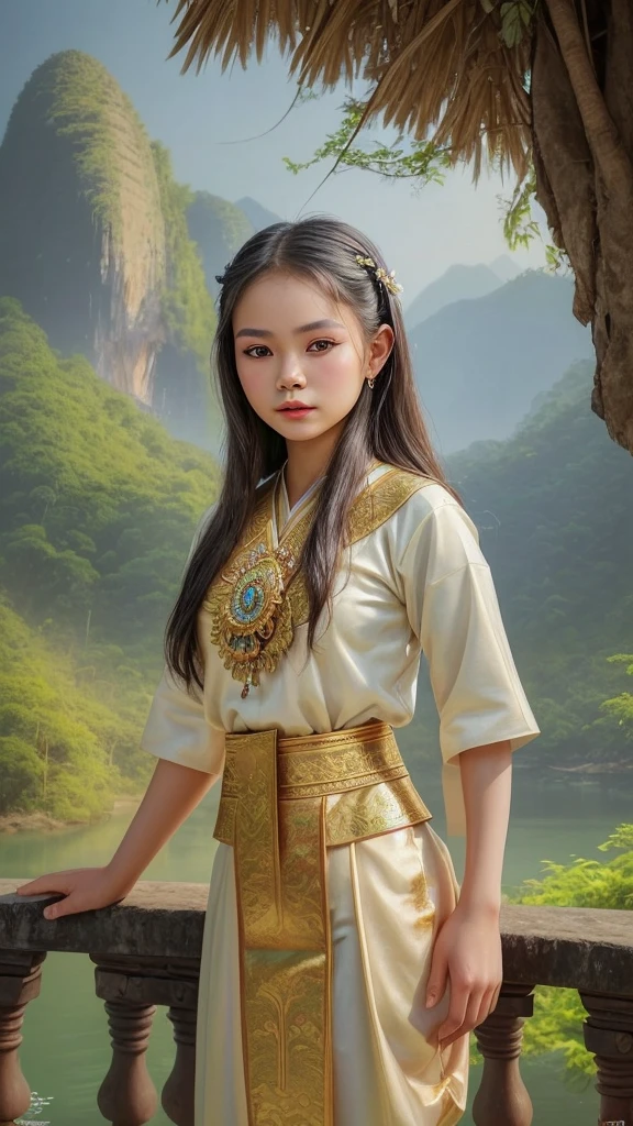 A detailed realistic oil painting of a beautiful Thai girl wearing traditional Thai clothing, set against a dreamy and peaceful background of natural landscapes or ancient objects.