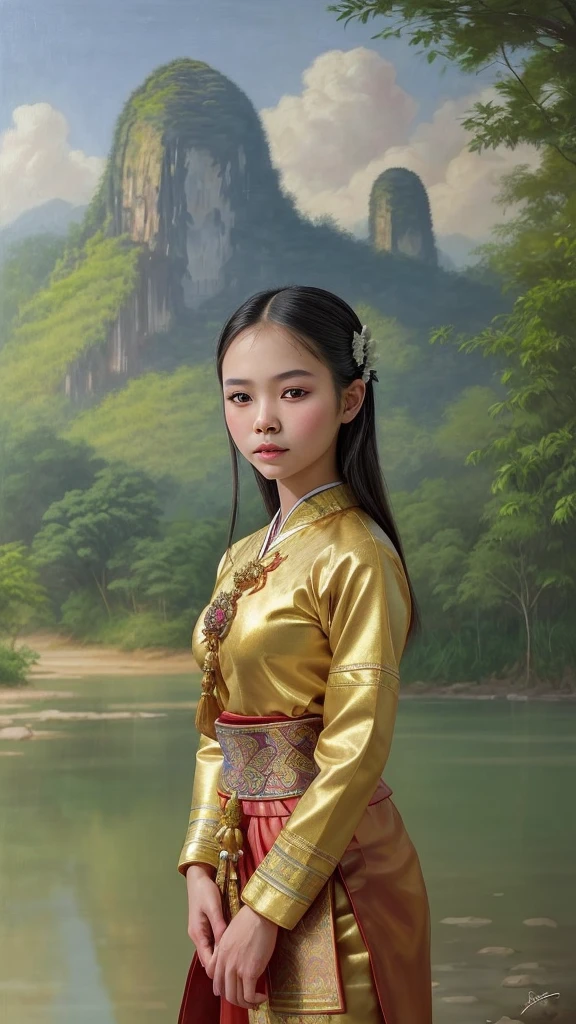 A detailed realistic oil painting of a beautiful Thai girl wearing traditional Thai clothing, set against a dreamy and peaceful background of natural landscapes or ancient objects.