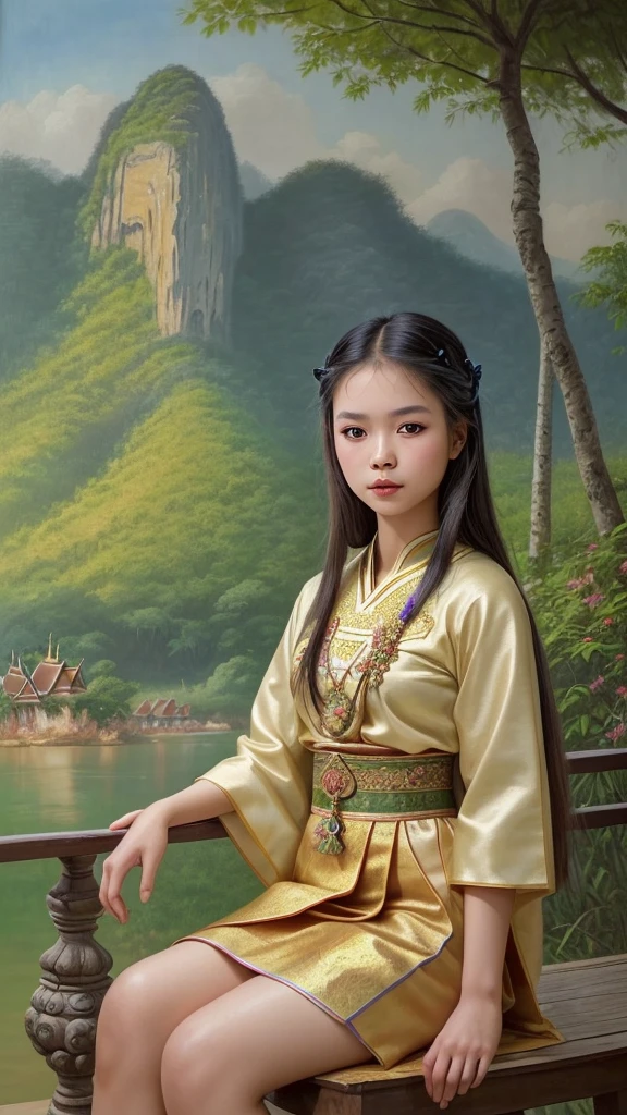 A detailed realistic oil painting of a beautiful Thai girl wearing traditional Thai clothing, set against a dreamy and peaceful background of natural landscapes or ancient objects.
