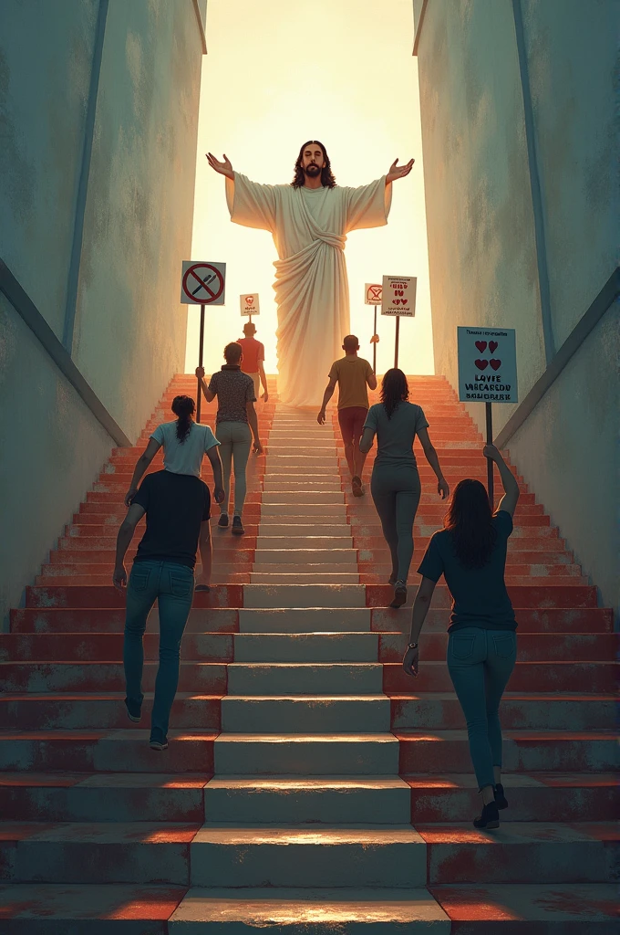 Drawing On the first step of the stairs, there are people with symbols of intolerance (“no” signs or barriers). As the ladder rises, the barriers begin to disappear, and people begin to carry symbols of love and acceptance. At the top, there may be a figure of Jesus waiting with open arms.