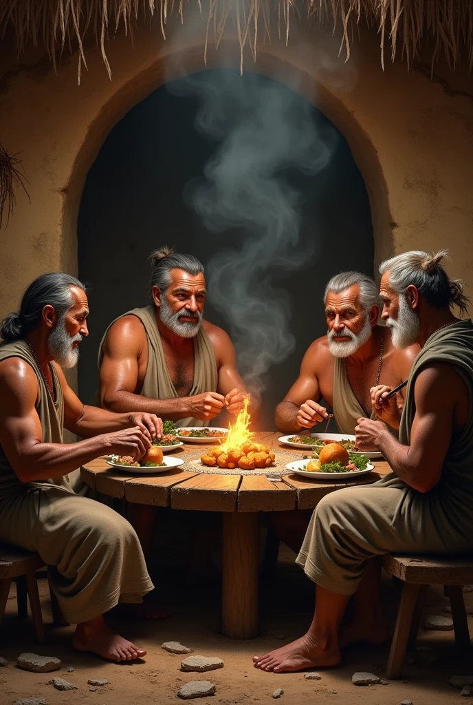 Create an image with ancient farmers, sitting at a table having dinner with your family.