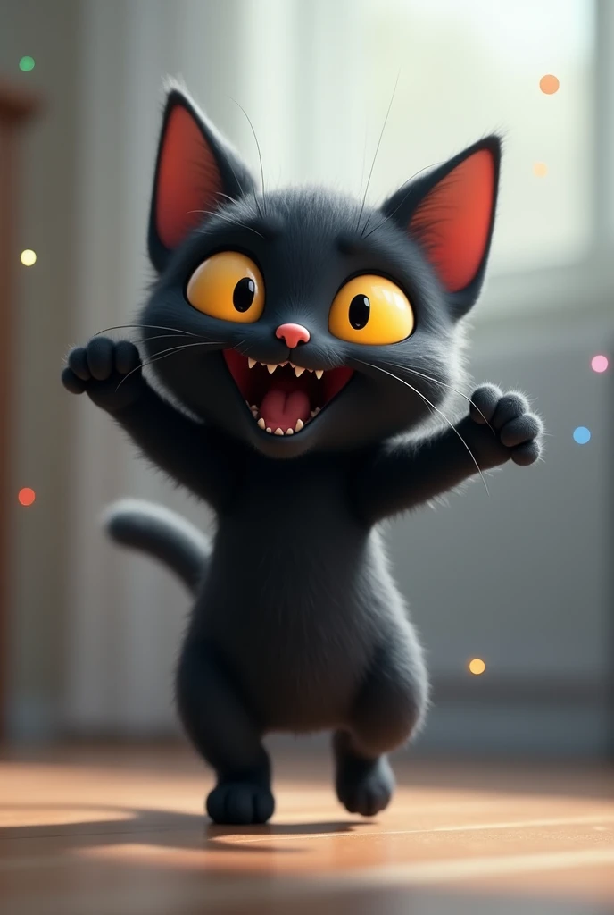 cat black, Disney  style, skin tone: blackw, body hair: Not applicable, eyeballs: Bright yellows, badass clothing: Not applicable, fund: Gray and white gradient, Celebrating, raised legs, Grinning, glad, (Pixar-style) (Masterpiece artwork:1.2) (bokeh) (best qualityer) (detailed texture) (8k) (Argilla) (cinematic lighting) (sharp focus)
