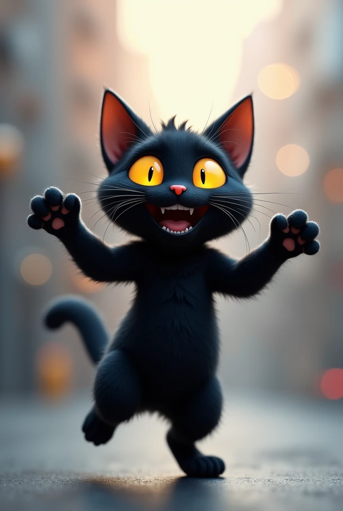 cat black, Disney  style, skin tone: blackw, body hair: Not applicable, eyeballs: Bright yellows, badass clothing: Not applicable, fund: Gray and white gradient, Celebrating, raised legs, Grinning, glad, (Pixar-style) (Masterpiece artwork:1.2) (bokeh) (best qualityer) (detailed texture) (8k) (Argilla) (cinematic lighting) (sharp focus)