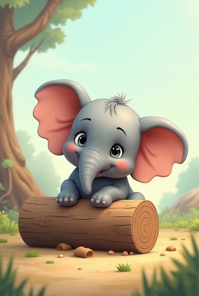 2d, Simple and cute, with gentle colors like a picture book , 8k, Highest quality,cute,Big anime eyes,若いelephantが鼻で重い丸太を持ち上げようと奮闘している(image: elephant, toil, log)