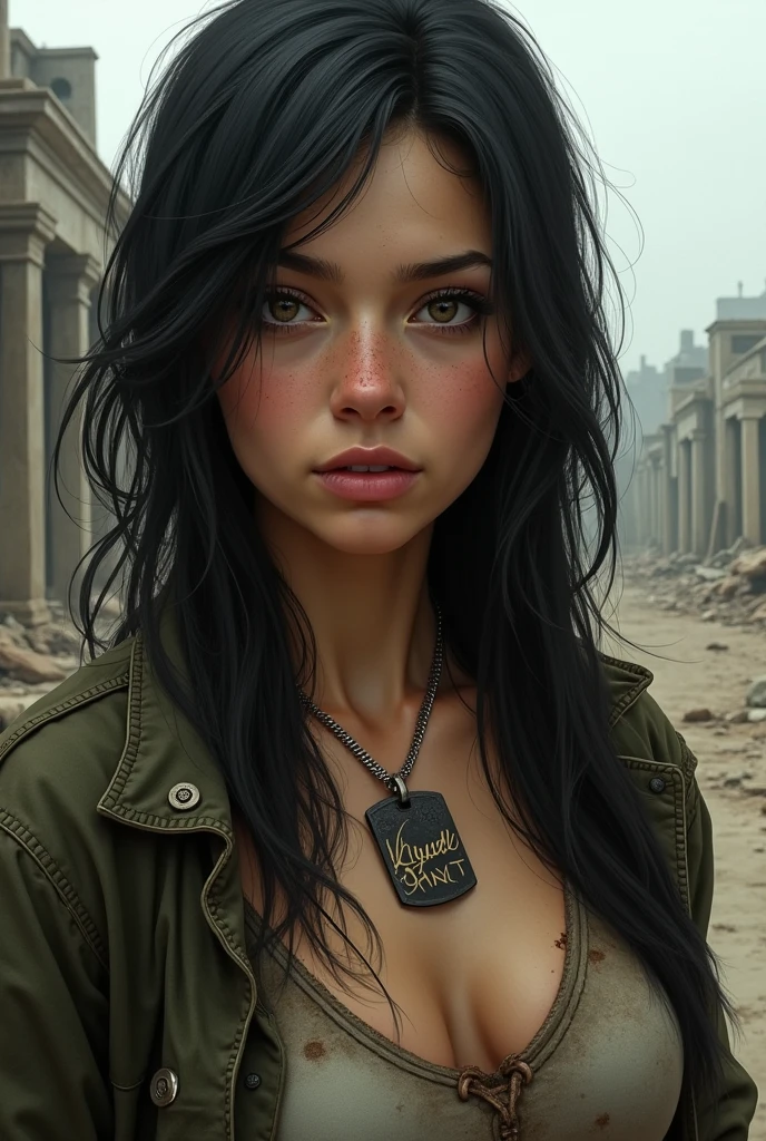 create the image of a young woman with long dark hair and dirty clothes with a dog tag around her neck