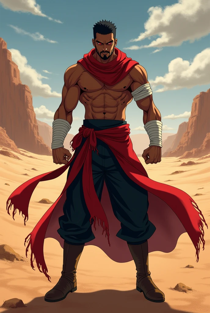 An anime character:
male gender, black short hair, short beard, Eyes red, dark brown skin.
Wears white bands tied around his arms.
His clothes are red and black in color., leather boots, long red scarf.
is in a fighting position.
the background is in the desert.