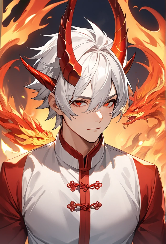 ((4k Best Quality)) (super verbose) (high resolution) Boy with Short Straight White Hair, Eyes red. and Scarlet Horns Straight Up. he is a Chinese Fire Dragon.