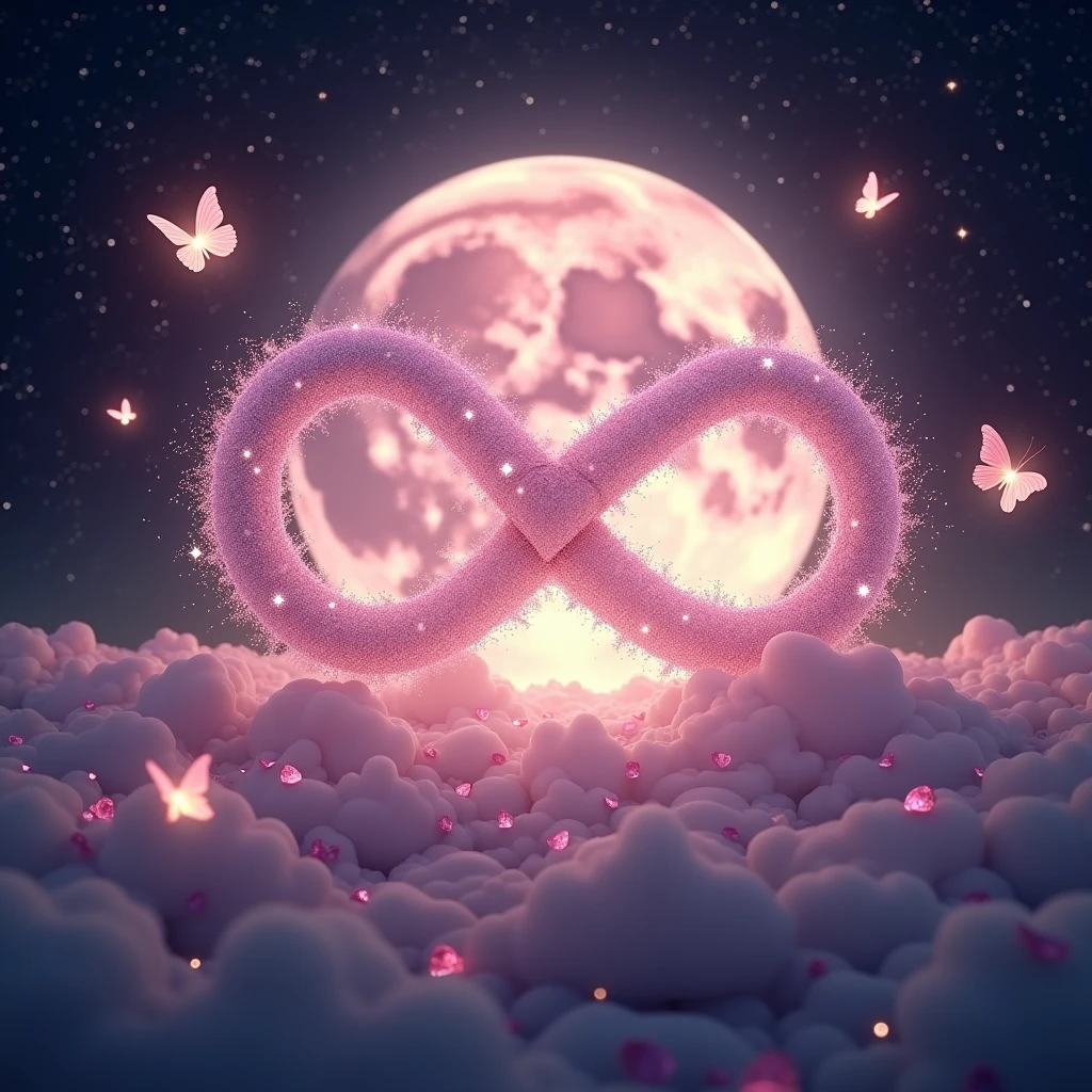 High resolution, masterpiece, Highest quality, High detail, Infinity、symbol、Infinity Mark、starのSparkleでできている輝くInfinity Mark、mysterious、myth、大きなPale pinkの月の背景、Sparkle、Night Sky、Close-up, Wide angle,
Night Skyに煌めくstarの中に輝くInfinity Mark、Behind the mark is a big pink moon、star、star空の下には薔薇、Pale pink、Light color、Glowing Butterfly,Fairy powder、heart、Twin Ray、Expressions of love、Eiei