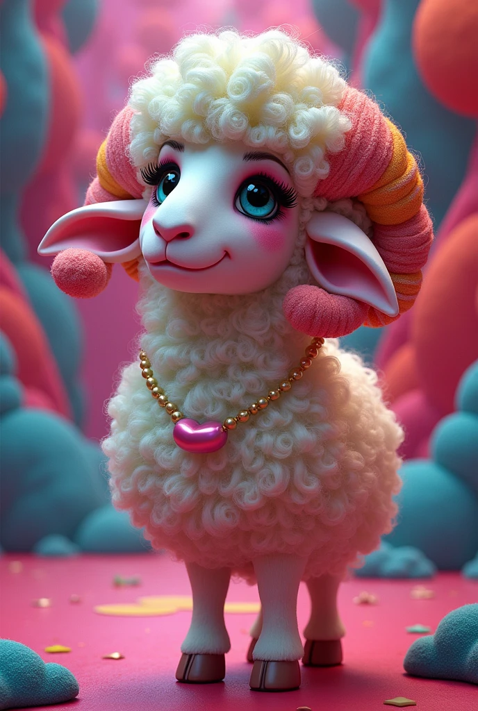 Drag queen sheep with 80s pixar hairstyle