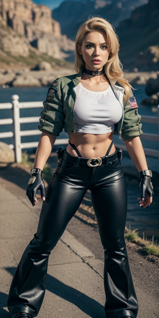 8k, masterpiece, best quality, ultra-detailed, sonyablade, 1girl, solo, long hair, blonde hair, cute blue eyes, breasts, choker, crop top, cropped green jacket, black fingerless gloves, full body, highleg panties, jacket, combat boots, lipstick, makeup, (abs:0.3), midriff, navel, black pants(Wide flares on pants:1.2),
