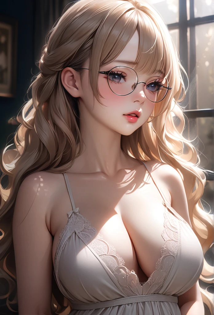 1girl, elegant erotic 13 year old beautiful girl, big breasts, ((white wavy hair)) (glasses), maxi dress, masturbation, self-pleasure, lingerie, adultery, indecent, vulgar, (best quality,4k,8k,highres,masterpiece:1.2),ultra-detailed,(realistic,photorealistic,photo-realistic:1.37),intricate details, delicate facial features, beautiful eyes, ulzzang, long eyelashes, small nose, full lips, porcelain skin, natural lighting, warm color palette, chiaroscuro lighting, dramatic shadows, sensual, alluring, mature themes, artistic, dreamlike, ethereal, ((arms behind back)), 