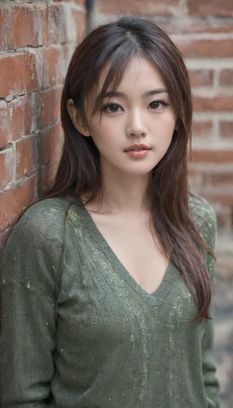 (best quality, 8k, hd, masterpiece: 1.1), (hyper realistic, super detailed, extreme realism: 1.7), (photo realistic: 1.5), sharp focus, (Asian model: 1.9), Asian woman, portrait photography, lens flairs, f/2.0, beautiful face, delicate eyes, cleavage, (wet green mud dripping down head: 1.1), (Canon50: 1.9), film photograph, (oversized sweater: 1.5), alleyway, brick alley, brick wall, posing for photograph, sexy, alluring, sultry, begging