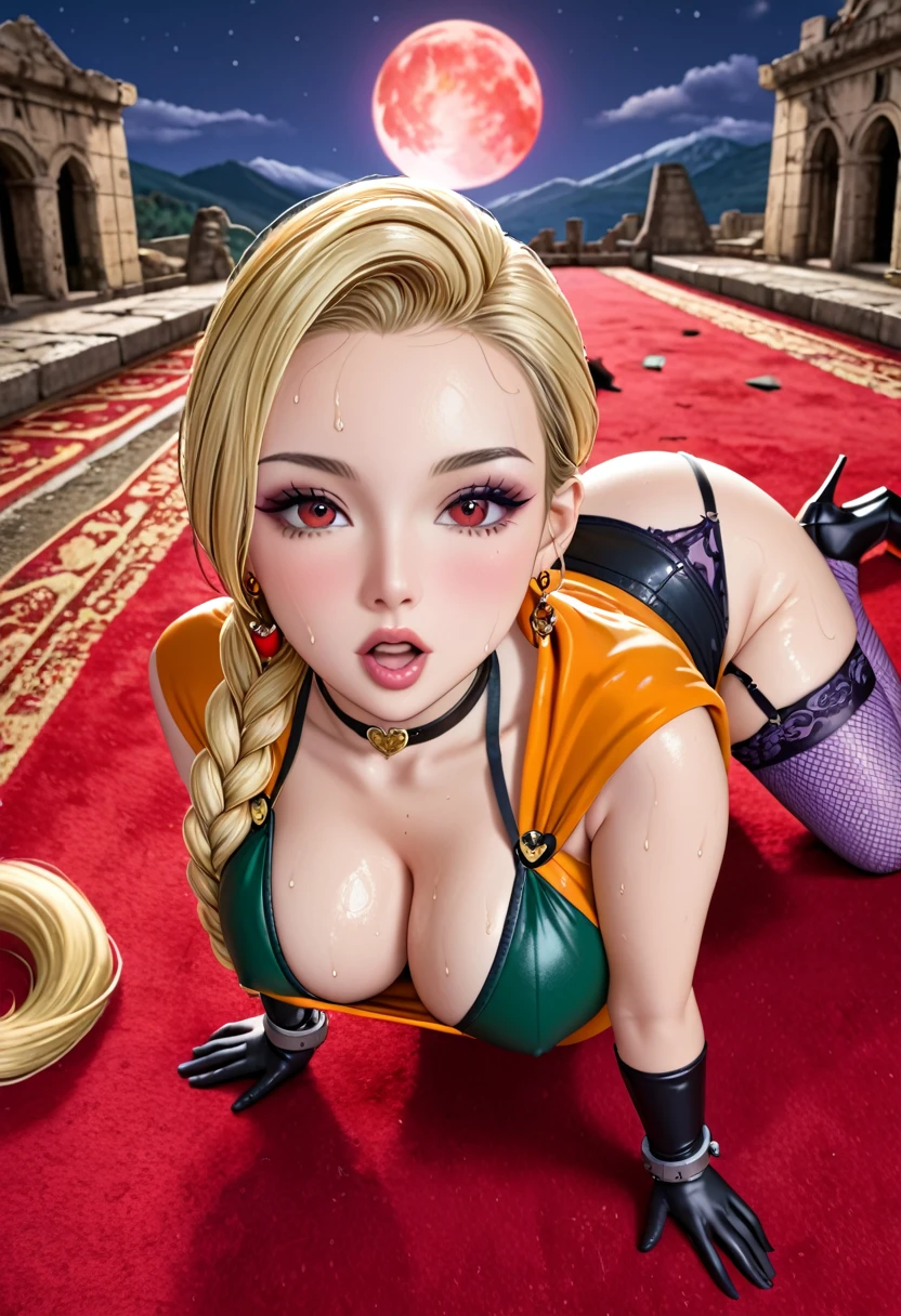 (High quality, masterpieces), One Japanese pregnant woman at full term, One all fours position, Big breast, Drenched her full-body in sweat, Blonde braid hair with horse ears, Beautiful face with sideways glance, Red eyes, Open her mouth wide, A little black tattoo on her forehead, horseshoe shaped earrings, Orange short cape, Green mini dress made of enamel, A heart shape cutout at her bellybutton, A purple micro shorts, Attach a horse tail on her ass hole, black wedge heels, Black long gloves with the shackles, Black leather choker, Purple fishnet Stockings, Garter belt, Ancient ruins on a mountaintop, Midnight with red Moon, Red carpet, Perspective from above