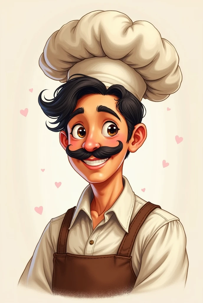 A drawing of an 1800's Italian baker with a mustache, baker's hat, Simple, happy, that gives confidence and smiles with the eyes, friendly smile, He cares about people and is very empathetic and with traditional Italian beauty