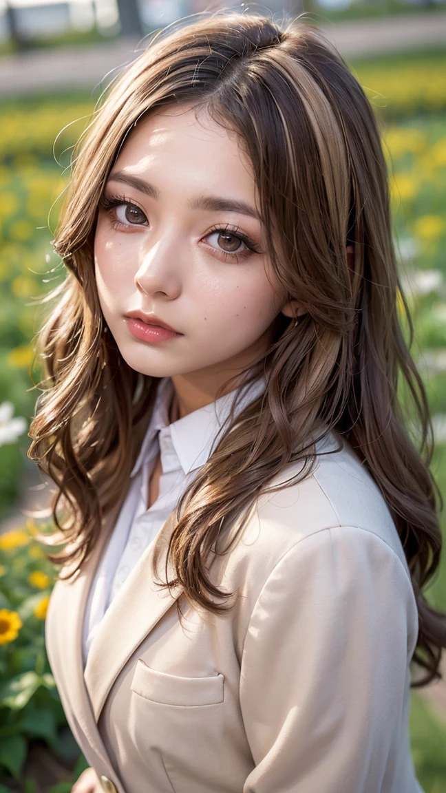 Realistic, masterpiece, Highest quality, Highest Resolution, Japanese , , Upper body photo, Looks sleepy, Spaced out, Open your mouth, Beautiful and detailed eye drawing, (Droopy eyes:1.3), Dark Eyes, Thin eyebrows, Draw eyelashes carefully, Eyelash extensions, Gal Makeup, Orange Cheeks, (White brown wavy hair, Long Hair, middle part:1.3), (Hidden eyelid wrinkles:1.3), (Gothic uniform, blazer:1.2), (The subject was photographed from above at an angle:1.3), (Flower Field:1.3), (Face close-up, Stand up and impress the crowd:1.5)
