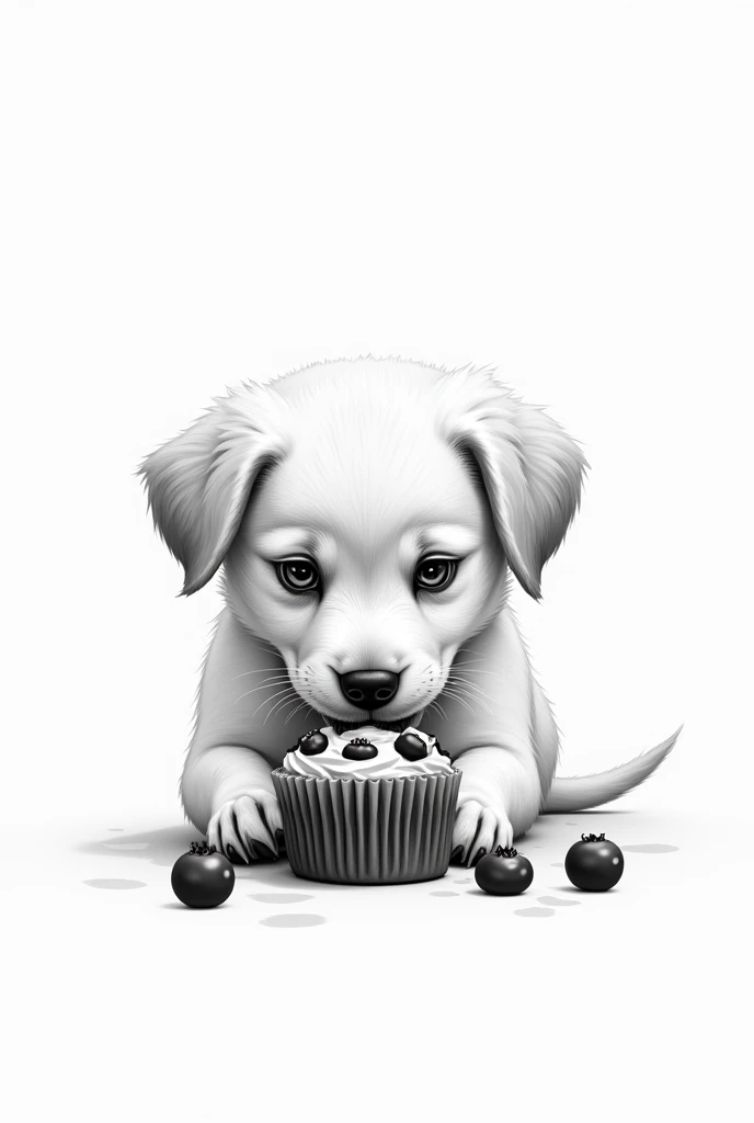Face of a puppy eating a blueberry muffin in black and white, a simple logo, simple and small, simpler