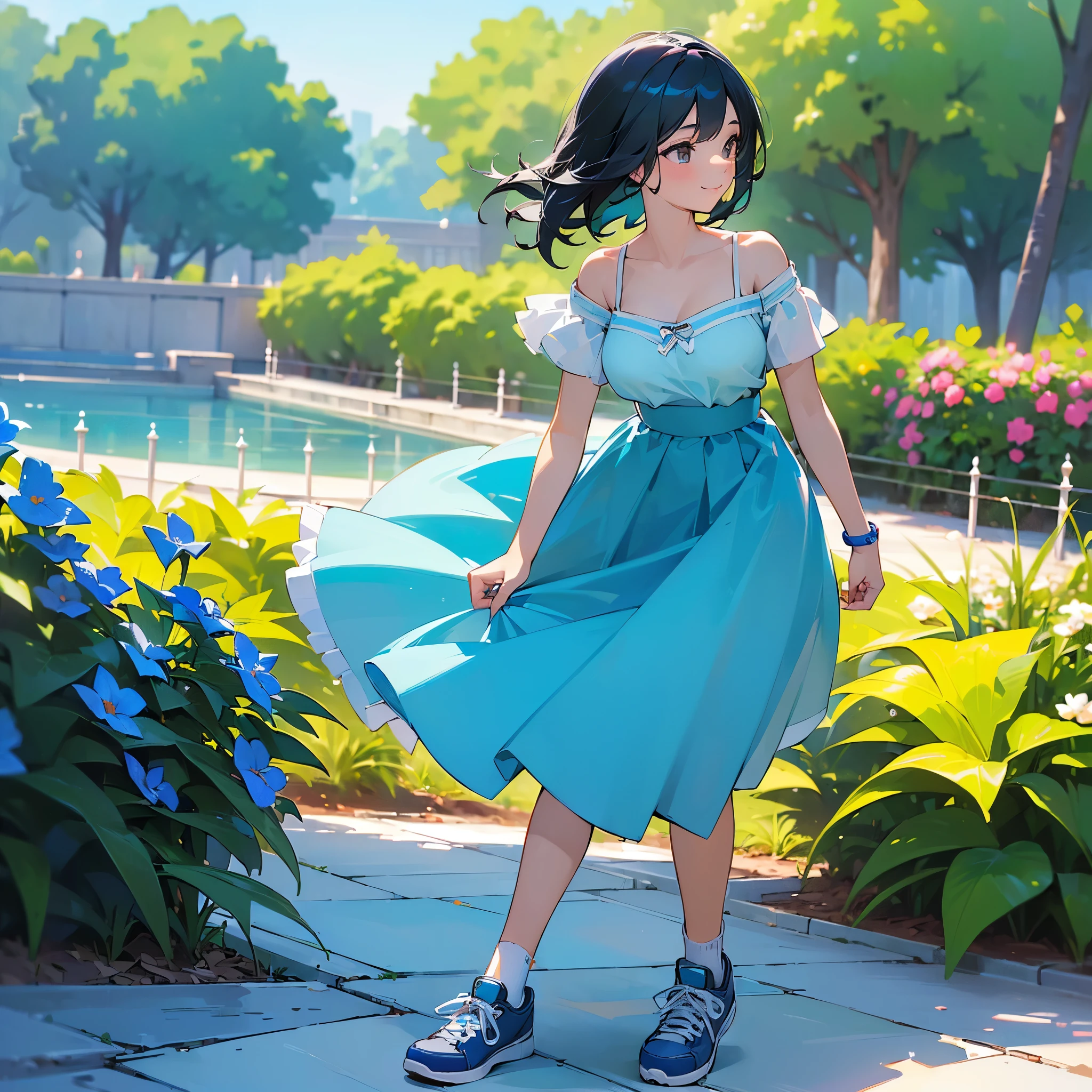 (high quality, High resolution, Very detailed, reality:1.37), Peaceful atmosphere, (Outdoor, garden), age girl standing alone, (my breasts are big.), Beautiful details, Cute Smile, (Black bob hair), camisole, Blue Skirt, Blue socks, sneakers.