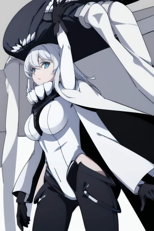 wo-class aircraft carrier, hat, gloves, breasts, hair, 1girl, white hair, solo, white skin, black gloves, bodysuit, blue eyes, black cape, leather pants, room, Masterpiece, Best Quality,
