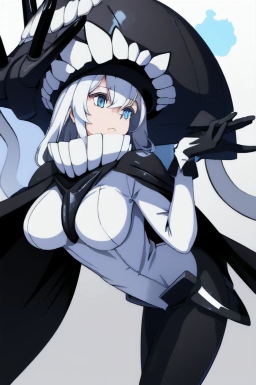 wo-class aircraft carrier, hat, gloves, breasts, hair, 1girl, white hair, solo, white skin, black gloves, bodysuit, blue eyes, black cape, leather pants, room, Masterpiece, Best Quality, 