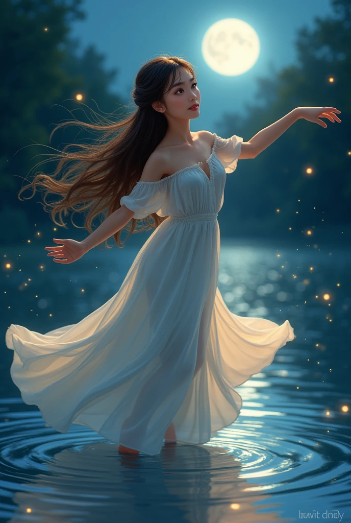 A graceful figure dances under the moonlight by the lake. The water reflects the movements, creating a mesmerizing display of light and shadow. Fireflies join in, adding a magical glow to the scene. The character has long, straight, and untidy brown hair. She has soft, delicate facial features, with bright, expressive yellow eyes that reflect a serene and thoughtful expression. Her skin is fair and she is beautiful, do it in the Disney