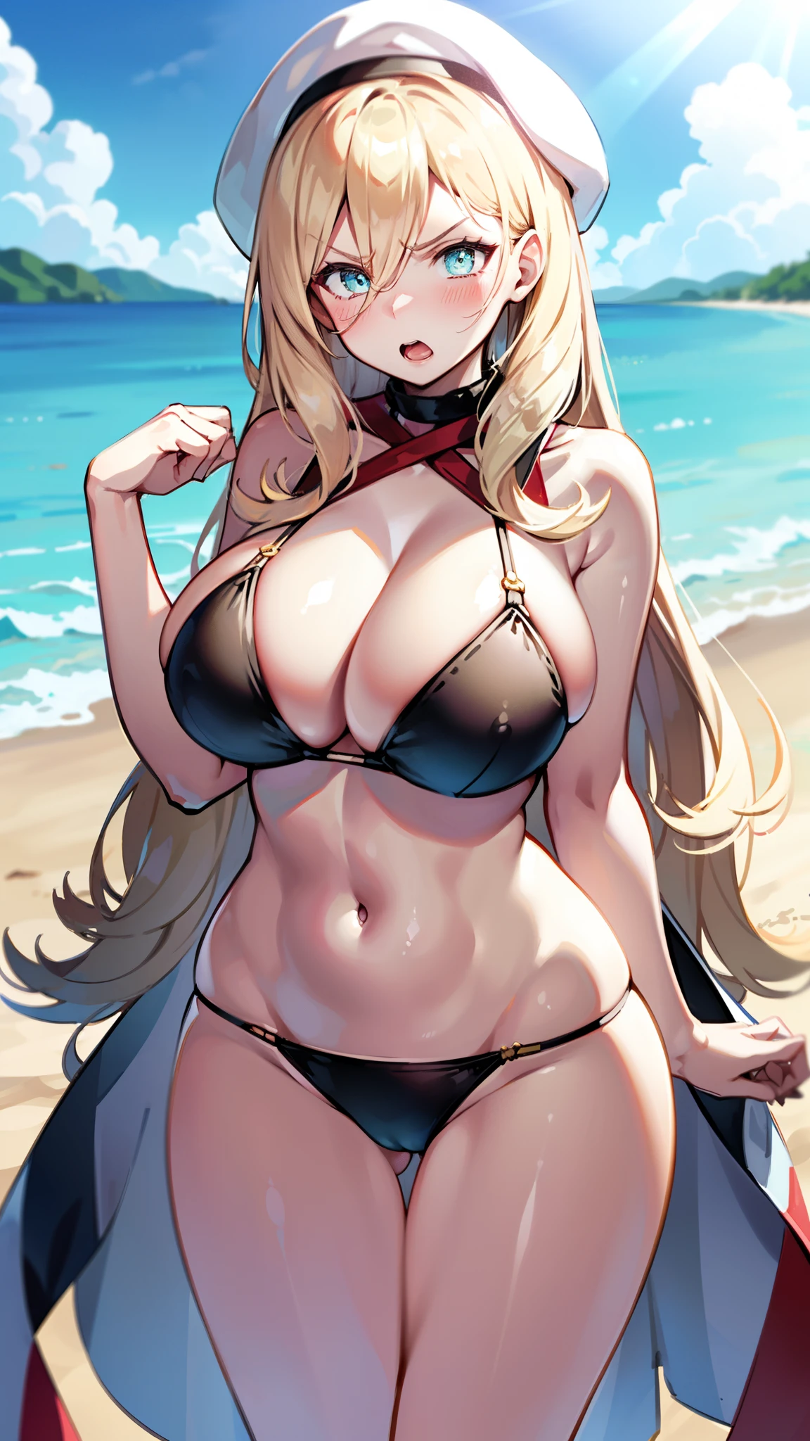 huge breasts,, , solo, ,open mouth,cowboy shot,wide hips,,long hair,,white blonde hair,blush,beach,white skin,navel,stomach,beach ,swimsuit,tall,barey,hair between eyes,narrow waist,angry,beret