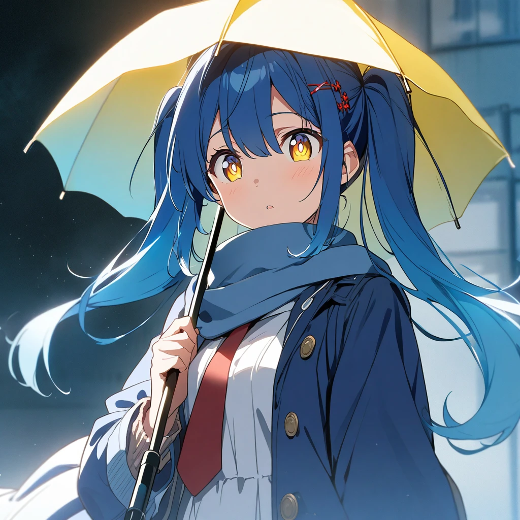(((anime))) One woman,A student holding a yellow umbrella,(Blue Hair),short髪,Twin tails,short,Red hairpin Gradient eyes,(Yellow Eyes,blue eyes),Large pupils White dress shirt,Put on a light blue coat,The front is free,Light red tie,navy blue muffler,It's about to come off,Blue socks,short,Yellow sneakers in the rain,night,star masterpiece,Highest quality,Exquisite,8k,Absurd,Ultra-fine illustrations,(View your viewers)