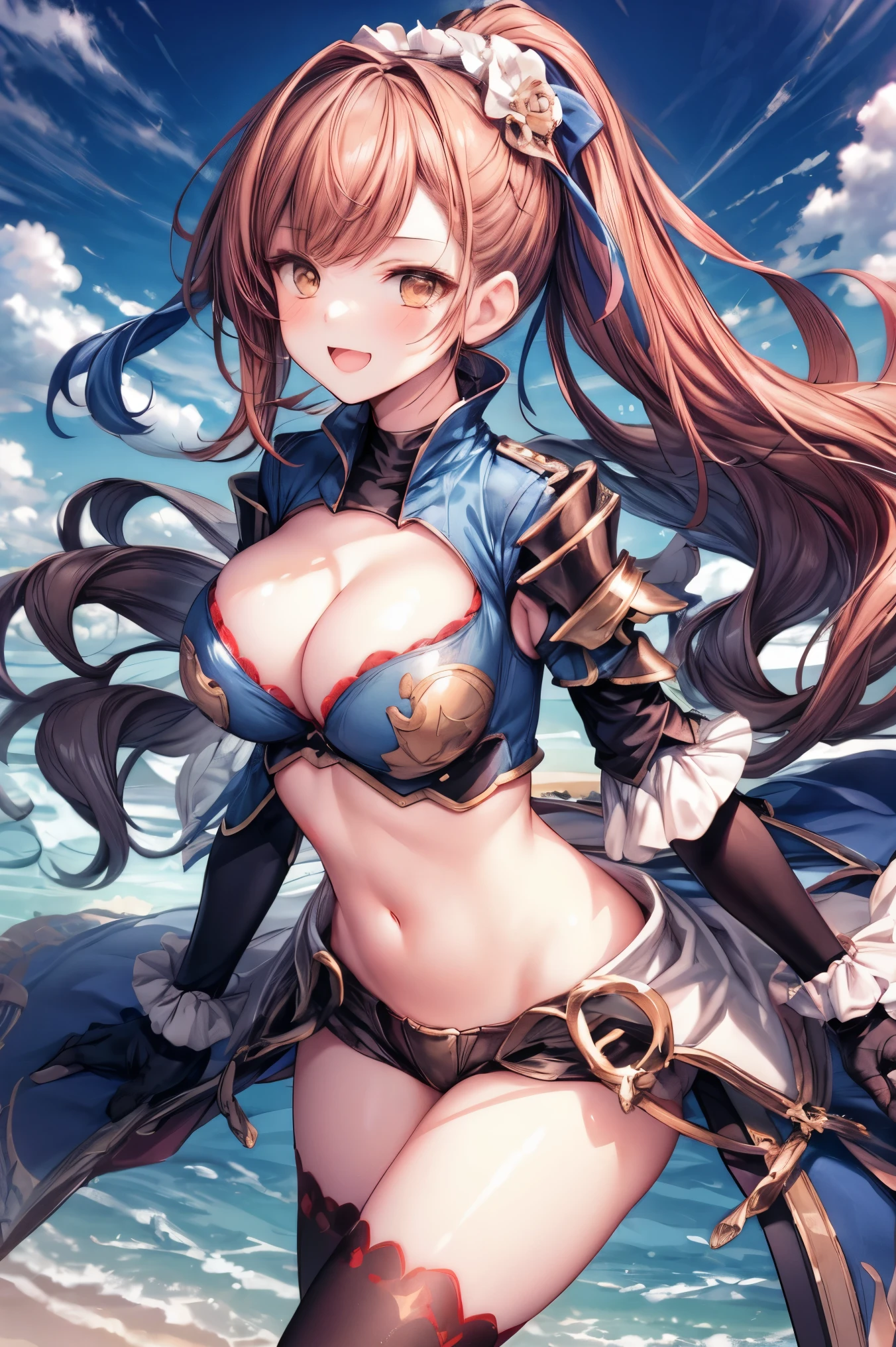 masterpiece, best quality, 1teen_girl,def,beatrix, ponytail, hair ribbon, gauntlets, blue shirt, gloves, cleavage cutout, looking at viewer, big_smile, large breasts, sky_landscape_background ,,happy,covered_nipples,young_,full_of_beans,,laugh,blush,open_mouth,thigh-highs, glower,open_legs,rise_knee,(angry:0.8)