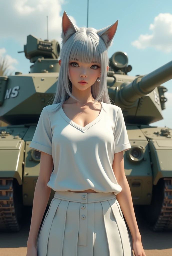 In a realistic 3DCG style、Please draw a 25 year old woman with average facial features of a Japanese female idol.。She has cat ears and long silver hair tied in a ponytail.、She is wearing a white V-neck T-shirt and skirt。The view is from a bottom angle、Please set it so that your whole body is visible.。She stands strong and dignified.、In the background is a tank equipped with a large, realistic main gun.、The tank had『res』It is written that。Please realistically express the scene that highlights the character's determination and presence.。