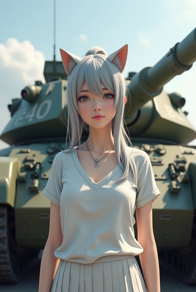 In a realistic 3DCG style、Please draw a 25 year old woman with average facial features of a Japanese female idol.。She has cat ears and long silver hair tied in a ponytail.、She is wearing a white V-neck T-shirt and skirt。The view is from a bottom angle、Please set it so that your whole body is visible.。She stands strong and dignified.、In the background is a tank equipped with a large, realistic main gun.、The tank had『res』It is written that。Please realistically express the scene that highlights the character&#39;s determination and presence.。
