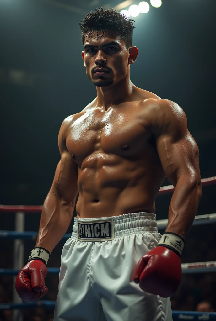 Young Mexican boxer with curly hair and white shorts
