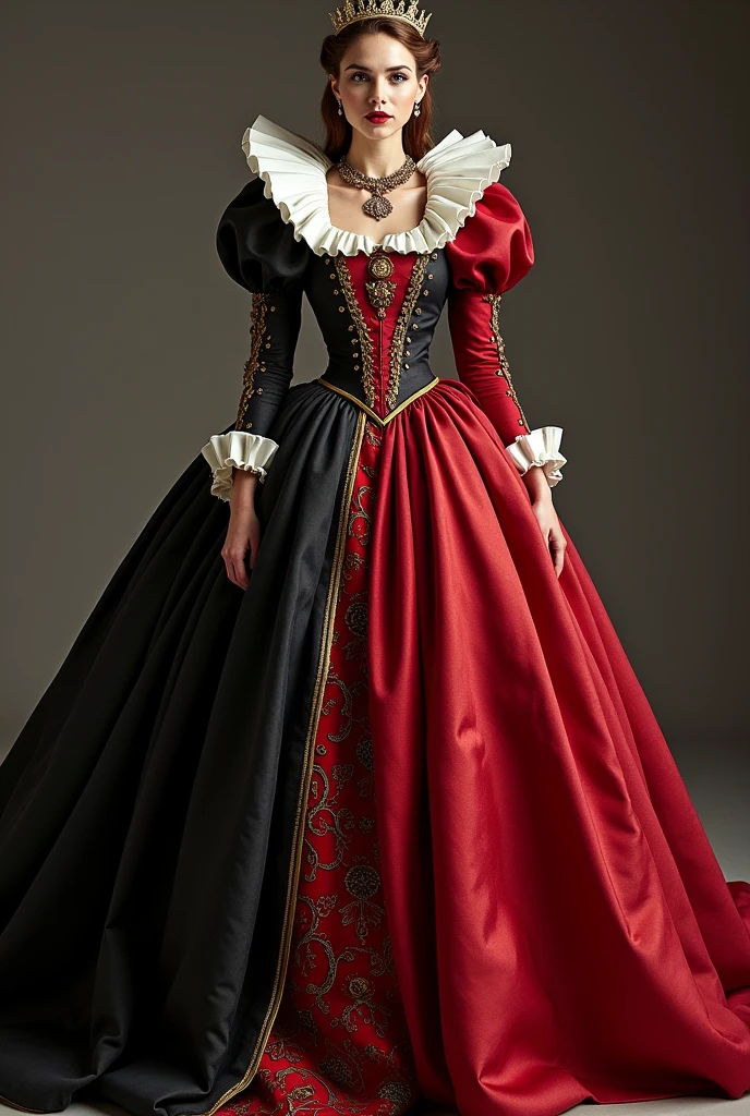 I want you to create a sketch of a dress inspired by the Queen of Hearts, with a style that mixes medieval and princess elements, suitable for a gala event. The dress will have details that refer to the theme of Alice in Wonderland, with colors characteristic of the Queen of Hearts, like red, black white and gold and details that are simple