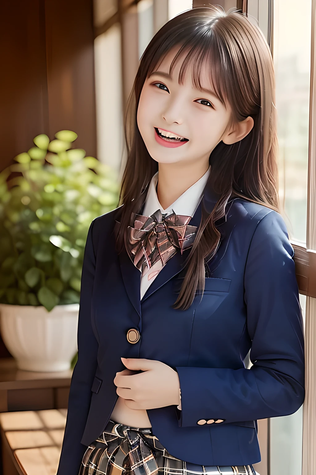 (highest quality, masterpiece, high resolution:1.2), 4K, (Photo quality well detailed white white white face: 1.2), geometry, (16 yo cute girly Japanese sensitive weak girl with very detailed graceful cute smiling face is turning to me and looking me: 1.5), Laughing cutely, (Japanese school girly navy-colored blazer uniform: 1.4), (blue dark blue blue expensive pleated checkered school skirt inside the blazer: 1.6), (big sharp breast: 1.3), (Dark red glossy school ribbon on the breast: 1.0), (Extremely laughing cheeks: 1.0), (Beautiful pretty large laughing cute cute cute childish childish laughing cutely laughing eyes with detailed and balanced well: 1.4), (Double eyelids: 1.0), (Long bottom eyelashes: 1.2), (Glossy very wet lips: 1.0), (Super-straight hair, extremely very long hair which reaches her waist: 1.3), (plain light orange-colored wall paper with cute white heart marks), (White-Orange-Colored background with many white lovely heart marks: 1.0)