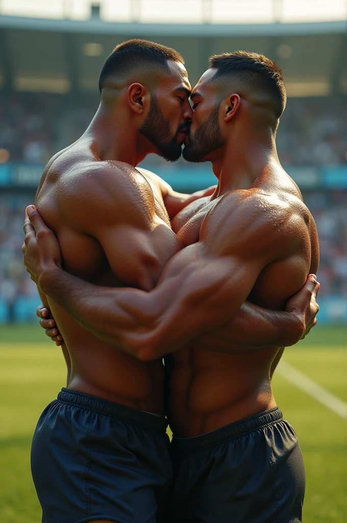 Asian young rugby player A and Asian rugby player B。A has a buzz cut and dark skin、Muscular。Wearing sleeveless rugby uniforms。B has short hair and is a muscular jock。A and B kissed after a rugby match.、Touching each other's crotches